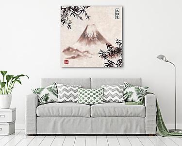 Bambuszfák és Fujiyama hegyek vintage stílusú kézzel húzott w (vászonkép) - vászonkép, falikép otthonra és irodába