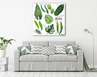 Illustration with tropical leaves. Watercolor set of green leave (vászonkép) - vászonkép, falikép otthonra és irodába