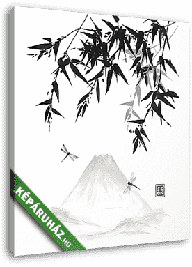 Bambusz, szitakötők és hegyek, kézzel húzott tintával tradit - vászonkép 3D látványterv