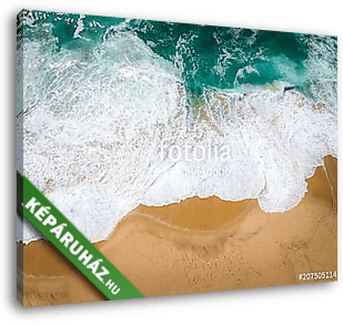 Sand beach aerial, top view of a beautiful sandy beach aerial shot with the blue waves rolling into the shore - vászonkép 3D látványterv