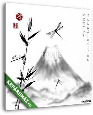 Fuji-hegység, bambusz ág és szitakötők.  - vászonkép 3D látványterv