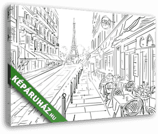 Párizsi utcák, éttermi teraszokkal, Eiffel toronnyal - vászonkép 3D látványterv