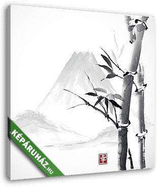 Bambusz és hegyek, kézzel festett tintával  - vászonkép 3D látványterv