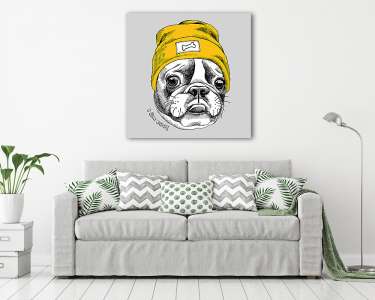 Portrait of French bulldog in a yellow Hipster hat. Vector illus (vászonkép) - vászonkép, falikép otthonra és irodába
