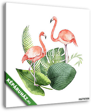 Watercolor card of tropical leaves and the pink Flamingo isolate - vászonkép 3D látványterv