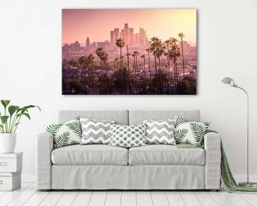 Beautiful sunset of Los Angeles downtown skyline and palm trees  (vászonkép) - vászonkép, falikép otthonra és irodába