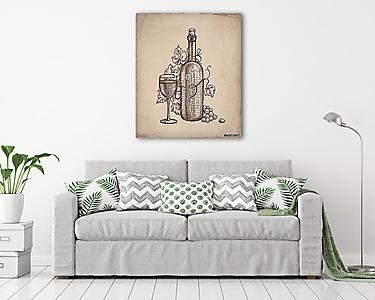 borosüveg és pohár ceruza rajza régies háttérrel (vászonkép) - vászonkép, falikép otthonra és irodába