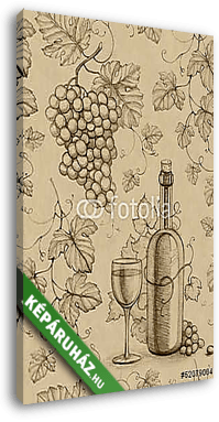 Borospalack és pohár szőlő fürttel és szőlőindákkal tollrajz - vászonkép 3D látványterv
