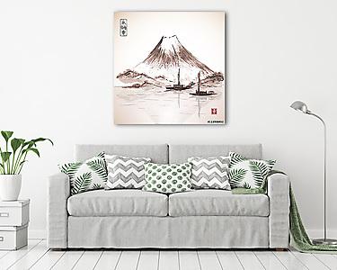 Két halászhajó és a Fujiyama hegy vintage stílusban. tradit (vászonkép) - vászonkép, falikép otthonra és irodába