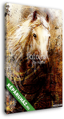 Horse heads, abstract ocre background, with one dollar collage. - vászonkép 3D látványterv