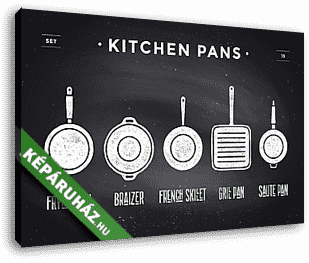 Set of kitchen pans. Poster Kitchenware - Pans, grill, pot. Vint - vászonkép 3D látványterv