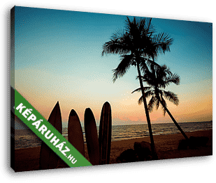Silhouette surfboard on tropical beach at sunset in summer. Seascape of summer beach and palm tree at sunset. Vintage color tone - vászonkép 3D látványterv