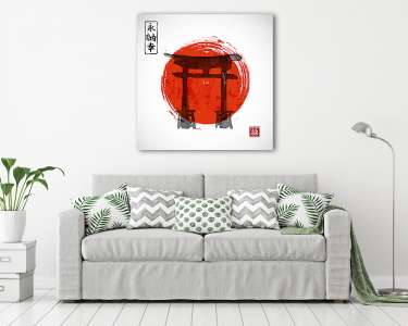 Torii kapuk és piros, felemelkedő nap kézzel húzott tintával hag (vászonkép) - vászonkép, falikép otthonra és irodába