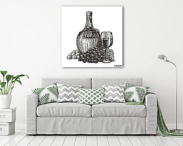 Régies borosüveg, szőlőfürttel, pohárral (vászonkép) - vászonkép, falikép otthonra és irodába