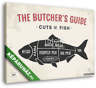 Cut of meat set. Poster Butcher diagram and scheme - Fish. Vinta - vászonkép 3D látványterv
