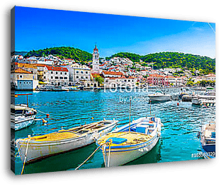 Pucisca Brac adriatic place. / Seafront scenery of small mediterranean village Pucisca on Island Brac, tourist summer resort in  - vászonkép 3D látványterv