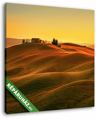 Toszkána, napnyugta vidéki táj. Gördülő dombok, vidéki gazdaságo - vászonkép 3D látványterv