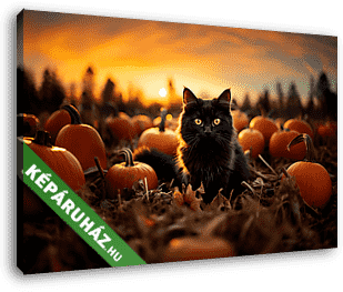 Cica a tökmezőn halloween-kor - vászonkép 3D látványterv