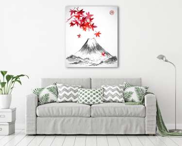 Fujiyama hegyi és vörös levelek japán juhar fehér háton (vászonkép) - vászonkép, falikép otthonra és irodába