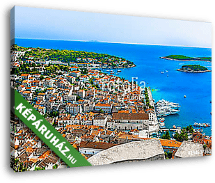 Hvar Mediterranean summer sea. / Aerial view at summer vivid colorful scenery in Croatia, Hvar town, famous luxury travel destin - vászonkép 3D látványterv