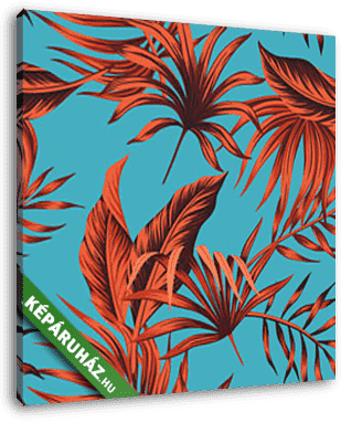 Trópusi levelek pattern, kék háttéren - vászonkép 3D látványterv