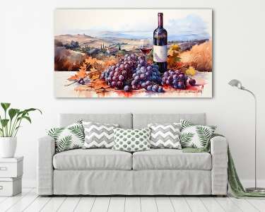 Szőlő borral és őszi tájképpel 1. (vizfesték effekt) (vászonkép) - vászonkép, falikép otthonra és irodába