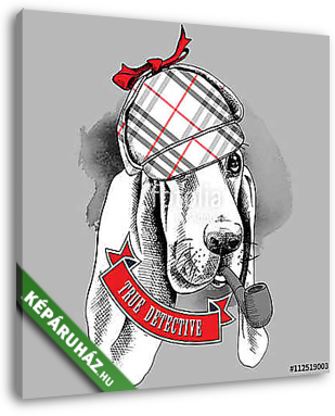 Poster with the image of a Basset Hound dog in a deerstalker wit - vászonkép 3D látványterv