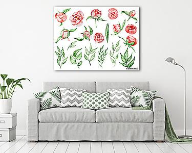 Watercolor red peonies flowers and leaves set Hand drawn illustr (vászonkép) - vászonkép, falikép otthonra és irodába