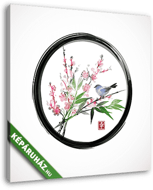 Sakura virágban, bambusz ága és kis kék madár fekete e - vászonkép 3D látványterv