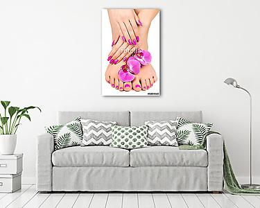 pink manicure and pedicure with a orchid flower (vászonkép) - vászonkép, falikép otthonra és irodába