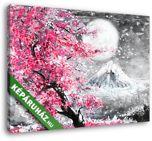Sakura, fa és hold (olajfestmény reprodukció) - vászonkép 3D látványterv