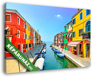 Velencei mérföldkő, Burano sziget-csatorna, színes házak és csón - vászonkép 3D látványterv