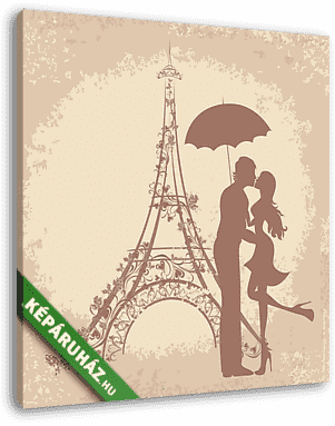 Nászút és romantikus utazás. Pár párizsi, Eiffel-torony - vászonkép 3D látványterv