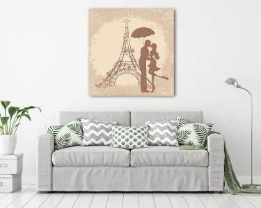 Nászút és romantikus utazás. Pár párizsi, Eiffel-torony (vászonkép) - vászonkép, falikép otthonra és irodába