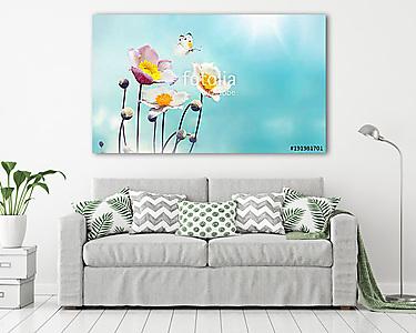 Colorful floral spring background. White and pink anemones flowe (vászonkép) - vászonkép, falikép otthonra és irodába