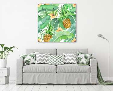 Tropical leaves and pineapple saemless pattern (vászonkép) - vászonkép, falikép otthonra és irodába