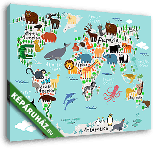 Mókás világtérkép állatokkal - vászonkép 3D látványterv