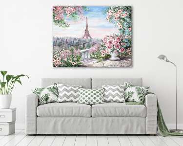 Rózsák és tenger Eiffel torony színverzió 3  (olajfestmény reprodukció) (vászonkép) - vászonkép, falikép otthonra és irodába