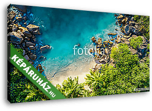 Tropical beach with sea and palm taken from drone. Seychelles famous shark beach - aerial photo - vászonkép 3D látványterv