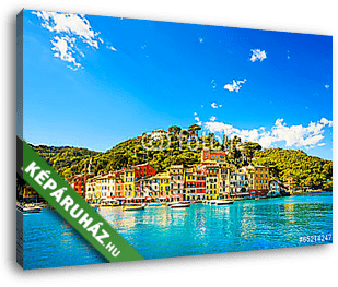 Portofino luxus falu mérföldkő, panorámás kilátás. Liguria, Olas - vászonkép 3D látványterv