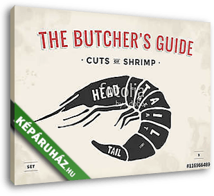 Cut of meat set. Poster Butcher diagram and scheme - Shrimp - vászonkép 3D látványterv