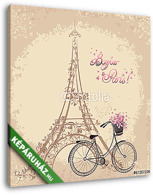 Bonjour Párizs Eiffel-torony és kerékpár - vintage - vászonkép 3D látványterv