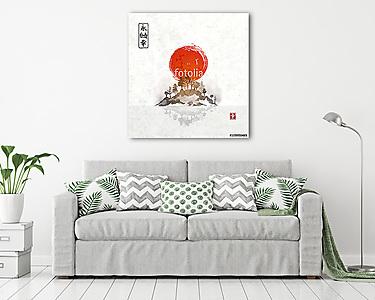 Sziget fákkal ködben és vörös napsütésben. A hagyományos japán t (vászonkép) - vászonkép, falikép otthonra és irodába