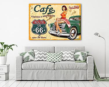Cafe route 66 vintage poster (vászonkép) - vászonkép, falikép otthonra és irodába