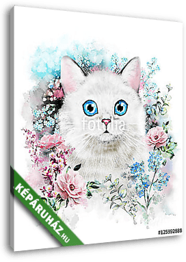 Aranyos macska illusztráció virágok közt - vászonkép 3D látványterv