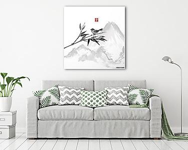 Madár, bambusz ág és hegy (vászonkép) - vászonkép, falikép otthonra és irodába