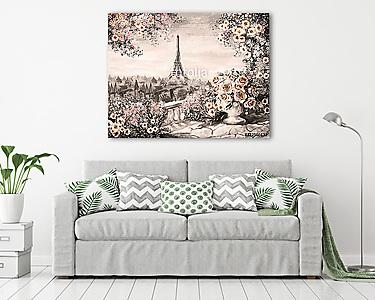 Rózsák és tenger Eiffel torony színverzió 2 szépia (olajfestmény reprodukció) (vászonkép) - vászonkép, falikép otthonra és irodába