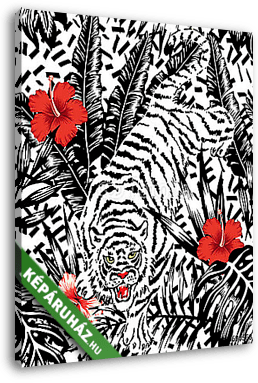 Tigris, hibiszkusz és trópusi levélmintázat - vászonkép 3D látványterv