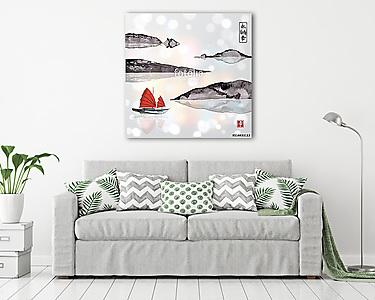 Vízi vitorlással és hegyekkel teli vízi csónak fehér háttérben (vászonkép) - vászonkép, falikép otthonra és irodába