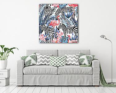Flamingók, zebrák és pálma levelek (vászonkép) - vászonkép, falikép otthonra és irodába